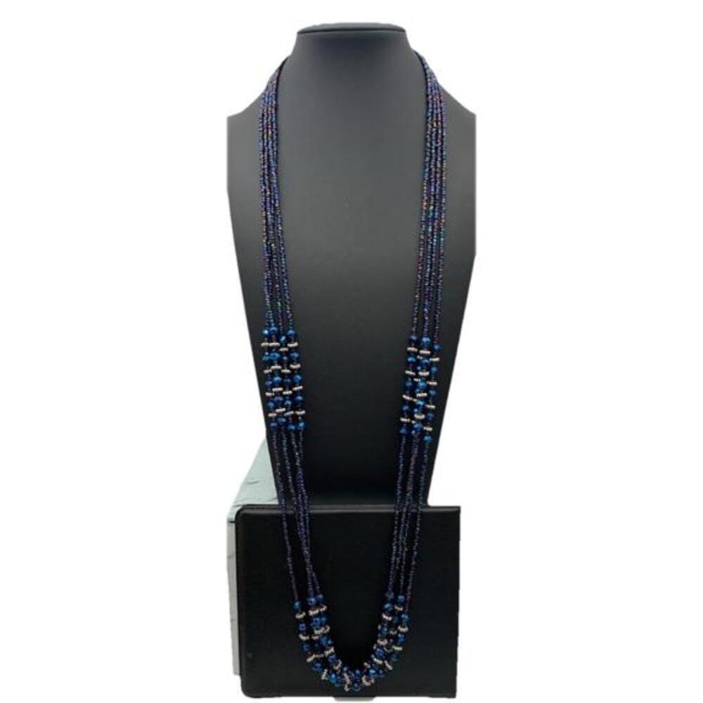 Blue And Purple Iridescent Multi Layer Seed Bead And Faceted Beaded Necklace 33”